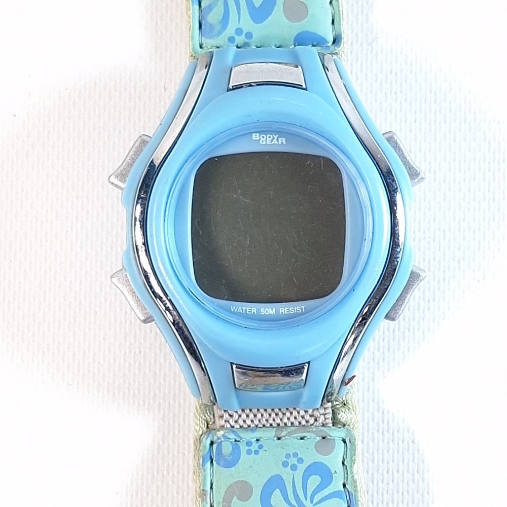 Body Gear Ladies Floral Nylon Band Light Blue Digital Watch, New Battery